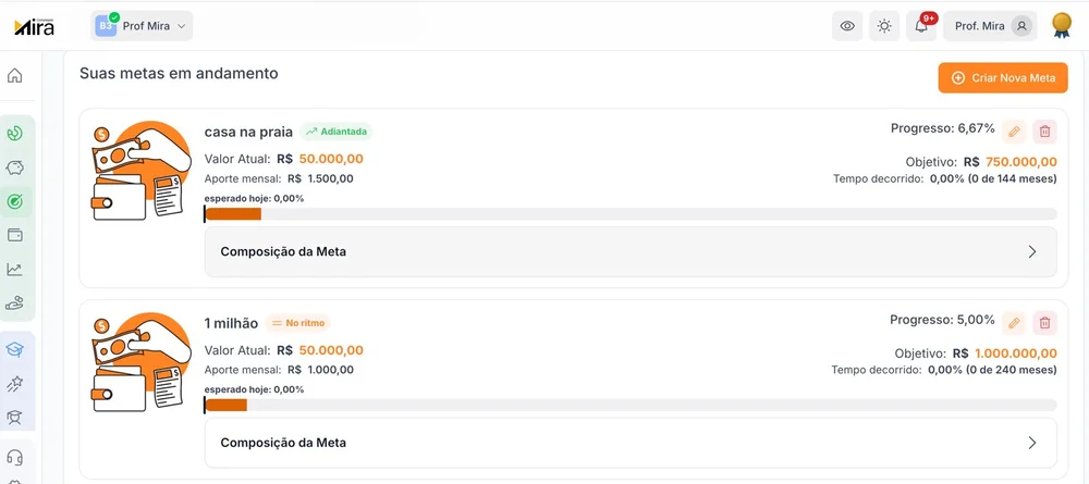 Tela de metas em andamento, com o valor atual, o aporte mensal e o progresso de cada meta